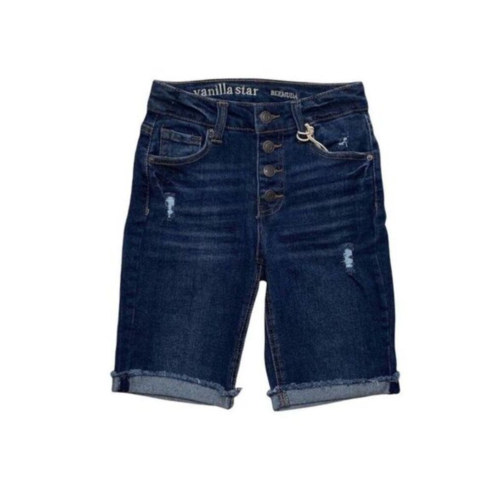 Vanilla Star Bermuda Jean Shorts 7 Juniors' Distressed Stretchy‎ Cuffed NEW